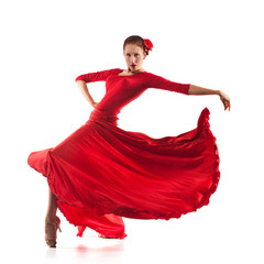 woman dancer wearing red dress - obrazy, fototapety, plakaty