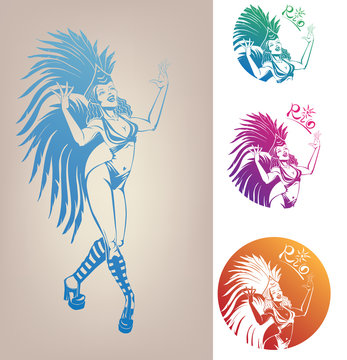ink linework dancing girl in carnival feather costume