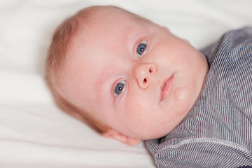 Cute baby with blonde hair and blue eyes. Studio shot.
