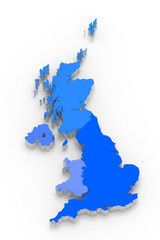 3D blue map of Great Britain on white