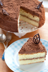 A piece chocolate cream cake on a dessert plate