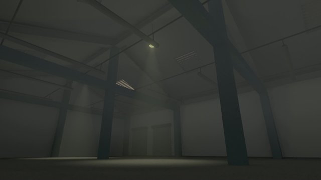 Turning on tungsten lights in Clean empty factory storage hall while camera sliding