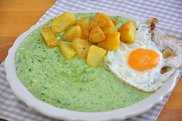 Bärlauch Spinat mit Bratkartoffeln und Ei