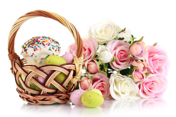 Easter cake with eggs in wicker basket isolated on white