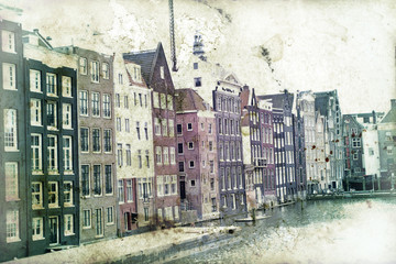 Vintage photo of traditional dutch buildings, in Amsterdam