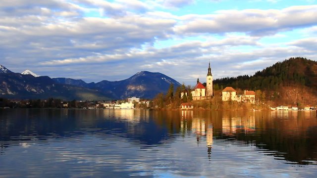 Lake Bled with island, church. Slovenia, Europe.