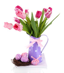 Easter composition with fresh tulips and easter eggs isolated