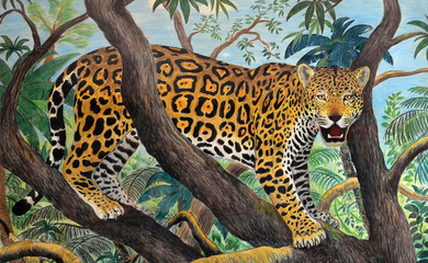 pastel drawing of jaguar in the jungle