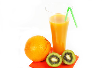 Glass of orange juice  and orange and kiw