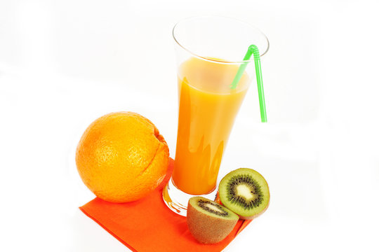 Glass of orange juice  and orange and kiw