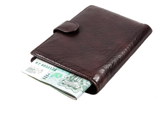 Leather wallet with 1000 russian rubles isolated on white.
