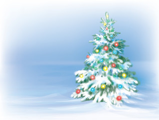 Christmas tree and decorations on winter background.