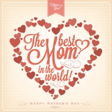 VIntage Happy Mothers's Day Typographical Background With Hearts