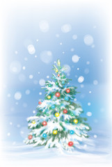 Christmas tree and decorations on winter background.