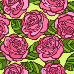 seamless background. Pink roses with green leaves