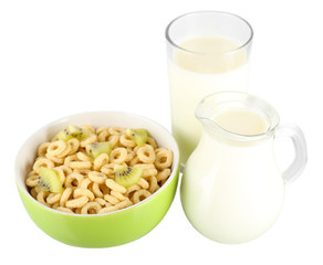 Delicious and healthy cereal in bowl with milk isolated on