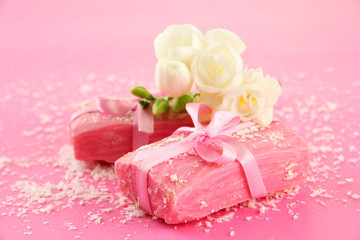 Natural handmade soap, on pink background