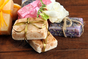 Natural handmade soap, on wooden background