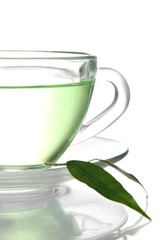 Transparent cup of green tea, isolated on white