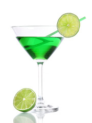 Green cocktail in martini glass isolated on white