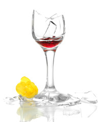 Broken wineglass isolated on white