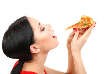 Beautiful girl eats pizza close-up isolated on white