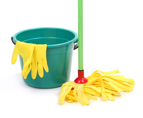 Mop, plastic bucket and rubber gloves, isolated on white