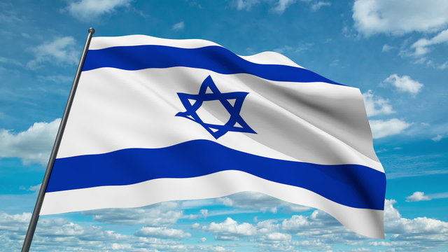 Israel flag waving against time-lapse clouds background
