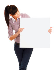 Young woman with blank board banner