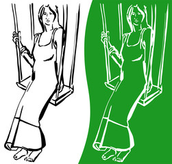 Contour line drawing of a pregnant woman sitting on a swing