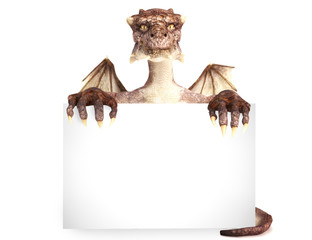 Fototapeta premium Fantasy dragon holding advertisement blank card, room for text