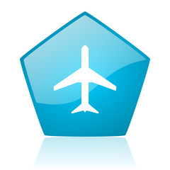 airplane blue pentagon web glossy icon