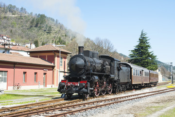 Little railway station with steam train