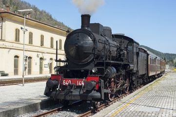 Little railway station with steam train