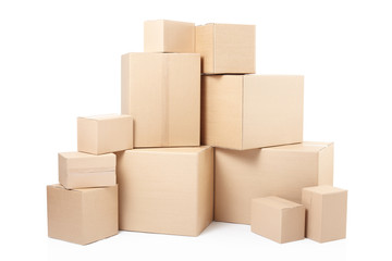 Cardboard boxes stack on white, clipping path