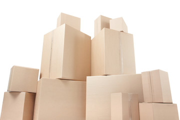 Cardboard boxes, low angle view on white, clipping path