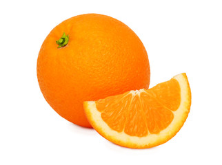 One ripe orange and slice (isolated)