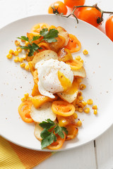 Roasted potato, corn and pepper, fresh cherry, poached egg