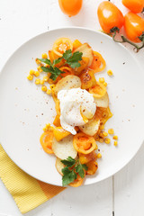 Roasted potato, corn and pepper, fresh cherry, poached egg