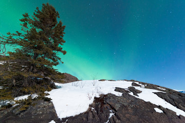 Northern Lights Aurora borealis over snowy rocks