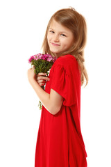 little fashion girl in mother's red dress with bunch of flowers