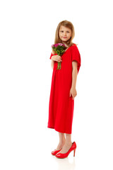 little fashion girl in mother's red dress and shoe's on high hee