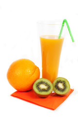Glass of orange juice  and orange and kiw