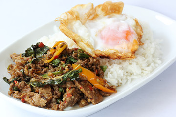 Beef fried rice with sweet basil and fried egg.