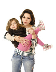Mother and daughter over white.