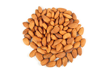 Seed of almonds nuts over white