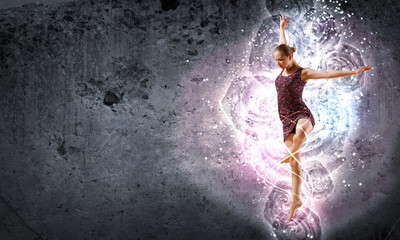 Girl in color dress dancing.Collage