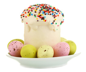 Easter cake with sugar glaze and eggs isolated on white