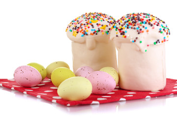 Easter cake with sugar glaze and eggs isolated on white