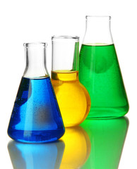 Test tubes with colorful liquids isolated on white